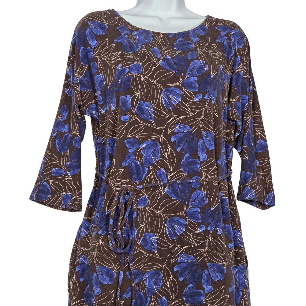Garnet Hill Women Small Margot Knit 3/4 Sleeve Floral Dress Brown Blue Tie Belt